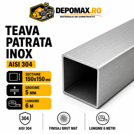 Teava patrata inox AISI 304, 150 x 150 x 5 mm, 6 metri